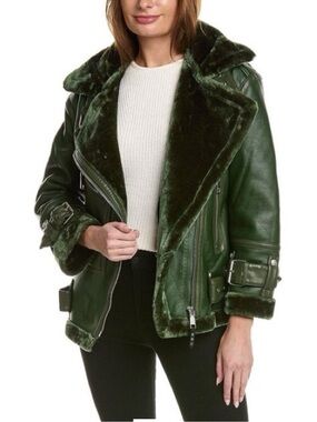 Rebecca Minkhoff Oversize Faux Leather Moto Jacket w/ Faux Shearling Green Sz M
